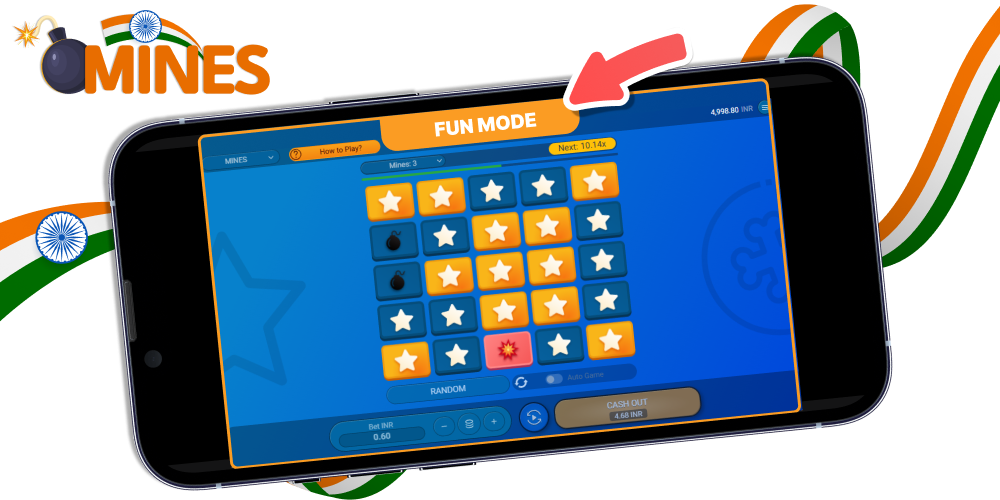 Play Mines game in India for free, using Fun mode