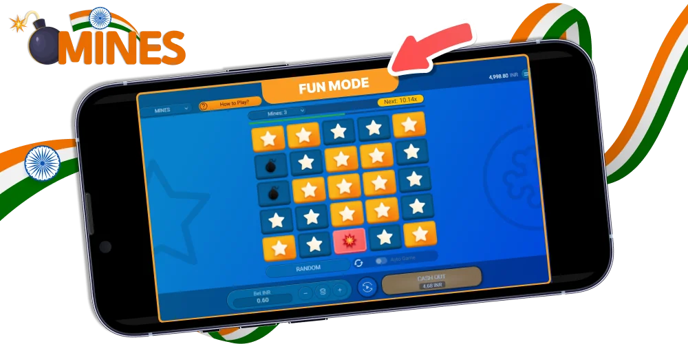 Play Mines game in India for free, using Fun mode